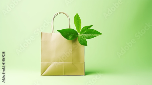 Paper Shopping Bag with Green Plant Leaves on Green Background with Copy Space
