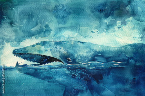 Watercolor Illustration of Biblical Jonah and Whale