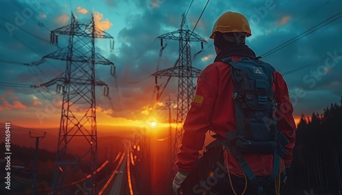 Wallpaper Mural Technician repairing a transformer on a transmission tower, safety gear, essential maintenance, high above ground Torontodigital.ca