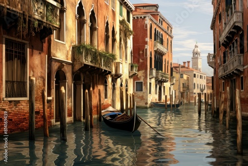 Quiet and picturesque venice waterway featuring a lone gondola  reflecting the charm of italy