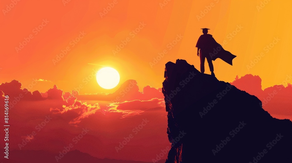 Fototapeta premium A determined man with graduation gown climbing to top