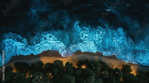 An electric blue wave crashing on a beach at night  creating a captivating natural landscape in the darkness with the mountain range in the background AIG50