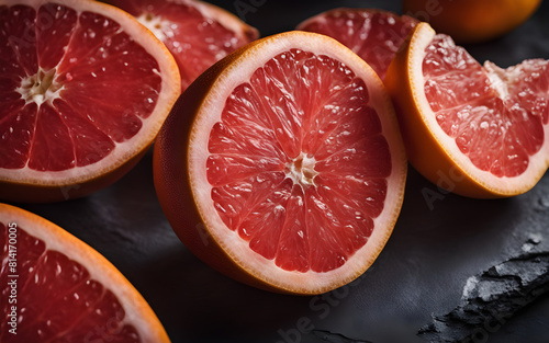 Red grapefruit on a slate background, halved, details sharply in focus