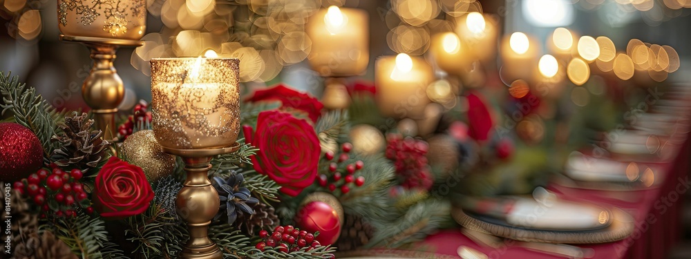 Fototapeta premium a luxurious holiday setting with elegant golden candle holders on crimson tablecloths and a central space for invitation specifics.