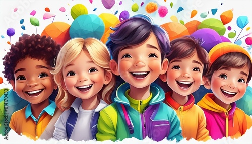 photorealistic, rich in detail, colorful, high contrast, Happy kids , isolated with white background