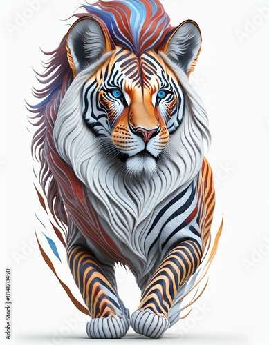 photorealistic, rich in detail, colorful, high contrast, lion with zebra skin , isolated with white background