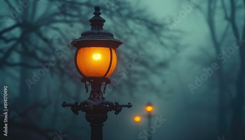 Vintage street lamp in a foggy scene, cast iron with ornate details, atmospheric, early 20thcentury style photo