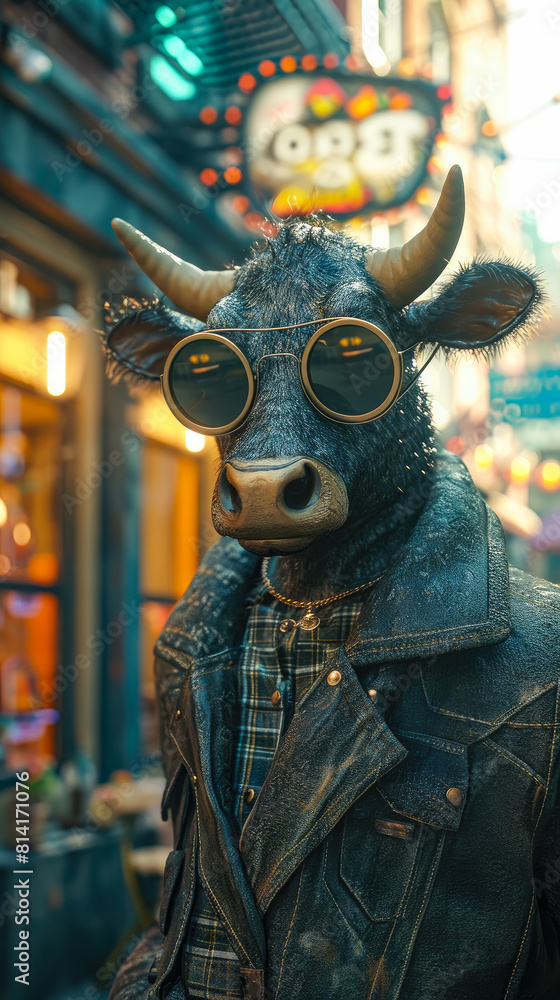 Elegant cow graces city streets in tailored fashion, epitomizing street style.