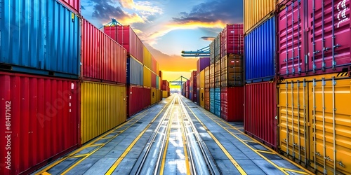 A bustling port with orderly rows of stacked shipping containers in a logistics center. Concept Shipping Containers, Port Logistics, Urban Shipping Center, Industrial Storage photo
