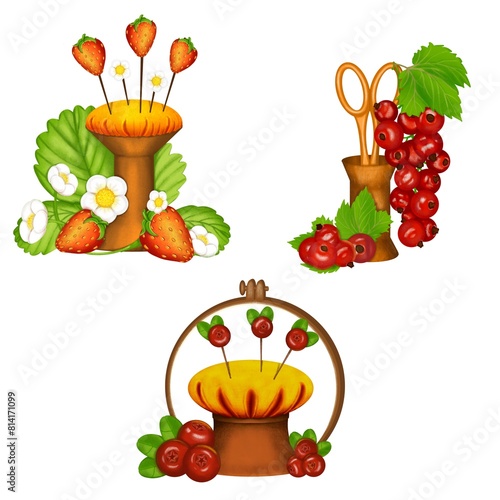 Set of isolated illustrations with embroiderer's accessories. 