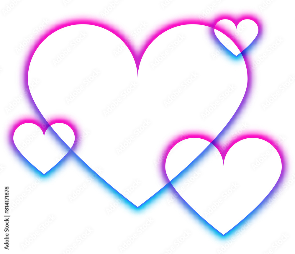 Transparent aesthetic neon glowing heart shapes in pink and blue 
