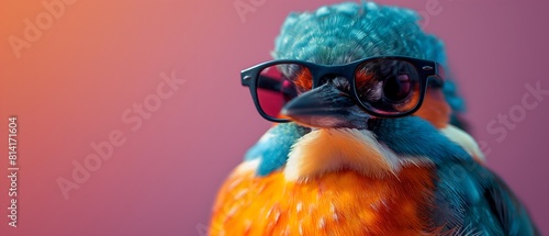 kingfisher with cool and dark sunglasses, purple background