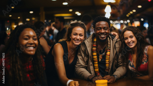 Four Friends Sharing a Joyful Moment at a Busy Bar