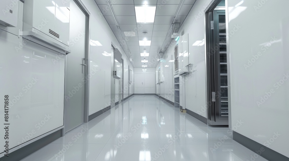 A look down the aisle of fridges in a clean white ward A look down the aisle of fridges in a clean white ward