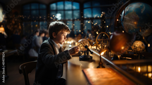 Young Schoolboy Exploring Globes During Classroom Lesson  Educational Discovery Atmosphere