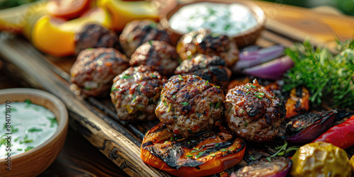 Kofte on a platter with grilled vegetables, Turkish meatballs seasoned with herbs and spices, Served with a side of creamy yogurt sauce photo