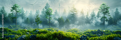 The Flourishing Carbon Negative Forest A Haven Of Abundant Nature And Eco Friendly Practices, Foggy morning in the coniferous forest Panorama photo