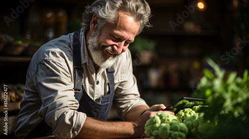 Senior Farmer Examining Organic Produce at a Rustic Outdoor Farm Market