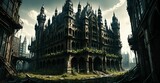 Gothic baroque architecture overgrown castle palace with large glass windows. Abandoned city landscape with cloudy sky. 