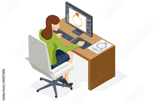 Isometric Elegant Jewelry Gold Ring. Digital Artistry Engineer Crafts Golden Ring Design Using Computer. Product Still Life Concept