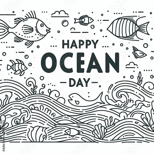 Happy Ocean Day vector greeting cards with beautiful fishes and ocean waves . fish single line drawing with on white background. illustration for banner created with generative ai 