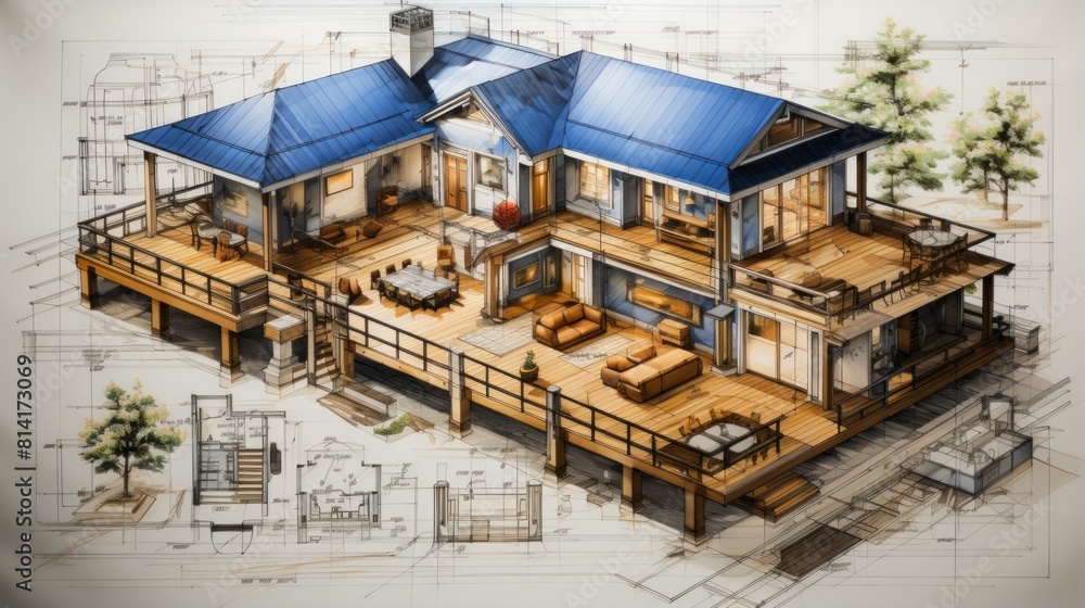 Fototapeta premium Detailed Architectural Blueprint of a Modern Wooden House With Deck and Furnishings