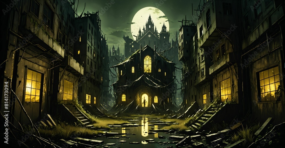 Abandoned gothic city wasteland at night. Street view art nuevo post ...
