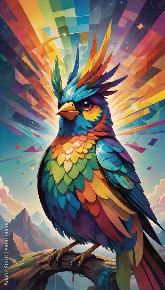Obraz premium Multicolored bird perched on a branch, set against a magical backdrop of swirling colors and light, Generative AI.