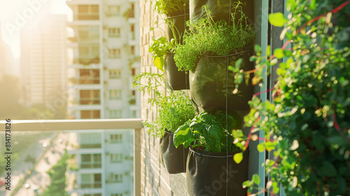 Conceito de jardim de ervas com varanda. Sacos de plantador de jardim de ervas exuberantes verticais modernos pendurados na parede da varanda do apartamento da cidade, com vasos de caixas de plantado. photo