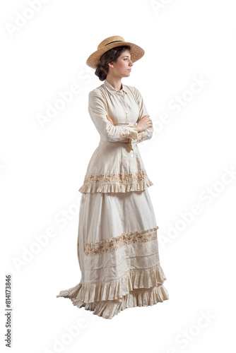 Young woman with arms folded wearing a beige vintage 1880s dress and straw hat isolated on white