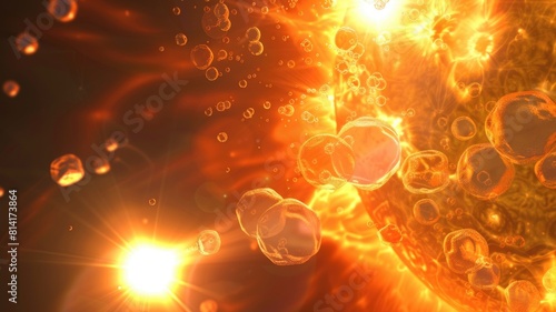 fusion process in the sun, with hydrogen atoms combining to form helium photo