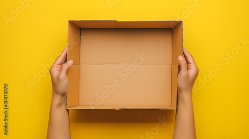Mãos de mulher segurando uma caixa de papelão marrom aberta vazia sobre fundo amarelo. Vista do topo photo