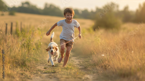 Criança feliz correndo e brincando com seu cachorro ao ar livre. Amizade de crianças com animais de estimação, infância feliz, férias de verão photo