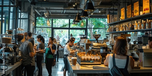 The hustle of a busy coffee shop with patrons enjoying their drinks and baristas crafting coffee, creating a lively community space. Resplendent. photo
