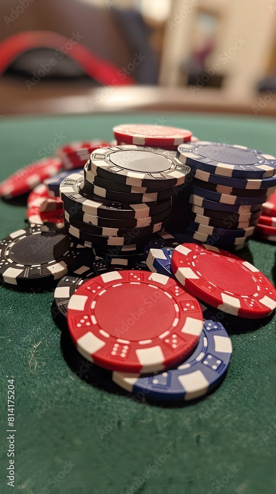 a pile of poker chips sitting on top of a green table