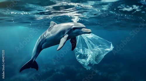helpless dolphin ensnared in a plastic bag, ecological catastrophe 