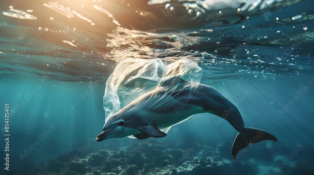 helpless dolphin ensnared in a plastic bag, ecological catastrophe
