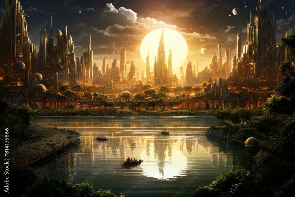 Artistic representation of a sci-fi city with skyscrapers, river, and a boat under a large setting sun
