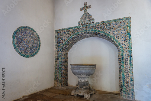 Holy Water font in Church of Santa Maria da Alcacova in Castle of Montemor-o-Velho town, Coimbra District of Portugal photo