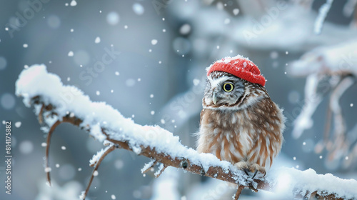 A small fluffy owl perched on a snow-covered branch wears a dainty red cap its wide eyes radiating warmth and charm