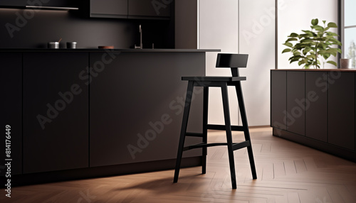 Black wooden bar stool in a modern kitchen with a large indoor plant in the background
