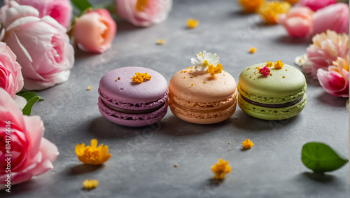 Delicious macarons with flowerscelebration photo