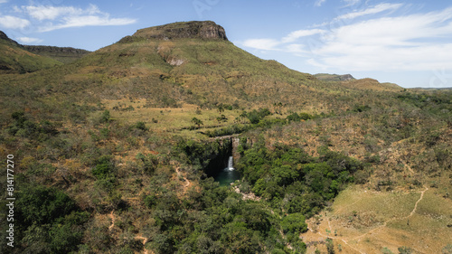 aerial view of the Rei do Prata waterfall, in Cavalcante, Chapada dos Veadeiros, Goiás