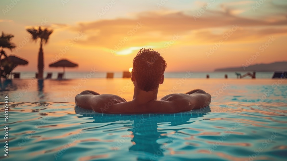 Illustration of a man soaking in a pool with a beautiful sunset in the background. Ai generated Illustration of a man soaking in a pool with a beautiful sunset in the background. Ai generated