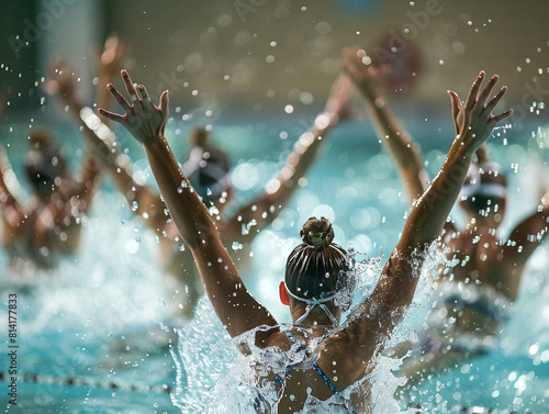"Graceful synchronized swimmers gracefully performing in a pool, wearing swim caps and swimsuits."