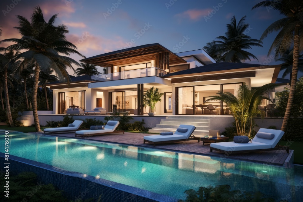 Elegant modern villa with pool illuminated at dusk, showcasing sophisticated exterior design