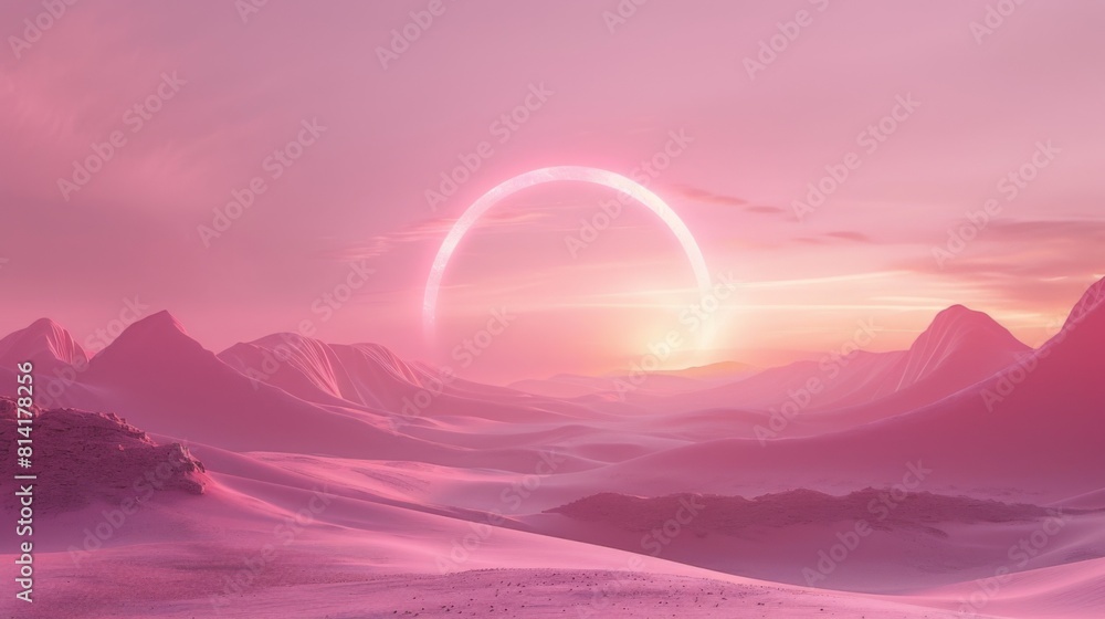 Escapism aesthetic background.Desert valley with sand dunes and mountains scene. Sunset soft light. Surrealism atmospheric installation of magic pink arch. Loneliness escape feeling. Escapism aesthetic background.Desert valley with sand dunes and mountains scene. Sunset soft light. Surrealism atmospheric installation of magic pink arch. Loneliness escape feeling.