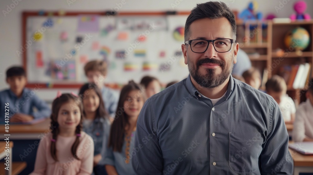 Fototapeta premium teacher standing in front of a class. He involves the students well in the lesson so that they participate and pay attention. generative AI