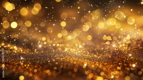 Shiny gold glitter bokeh background. Creative sparkling star dust texture for luxury rich greeting card. Jewel abstract Christmas aesthetic.