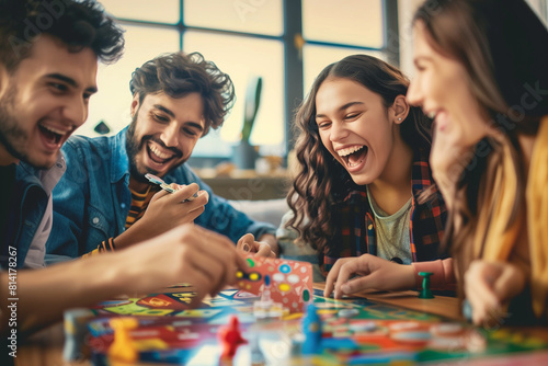 Friends gathered around a table playing board games, laughing as they compete and enjoy each other's company photo